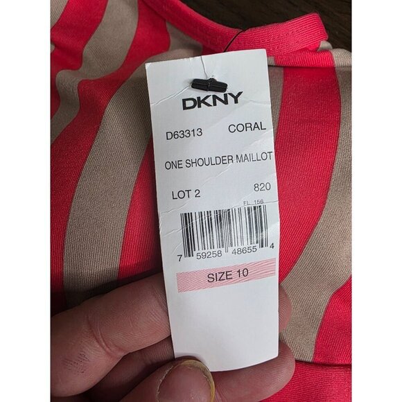 DKNY One-Shoulder Coral & Beige Striped Swimsuit Size 10 Nylon/Spandex - Picture 6 of 12
